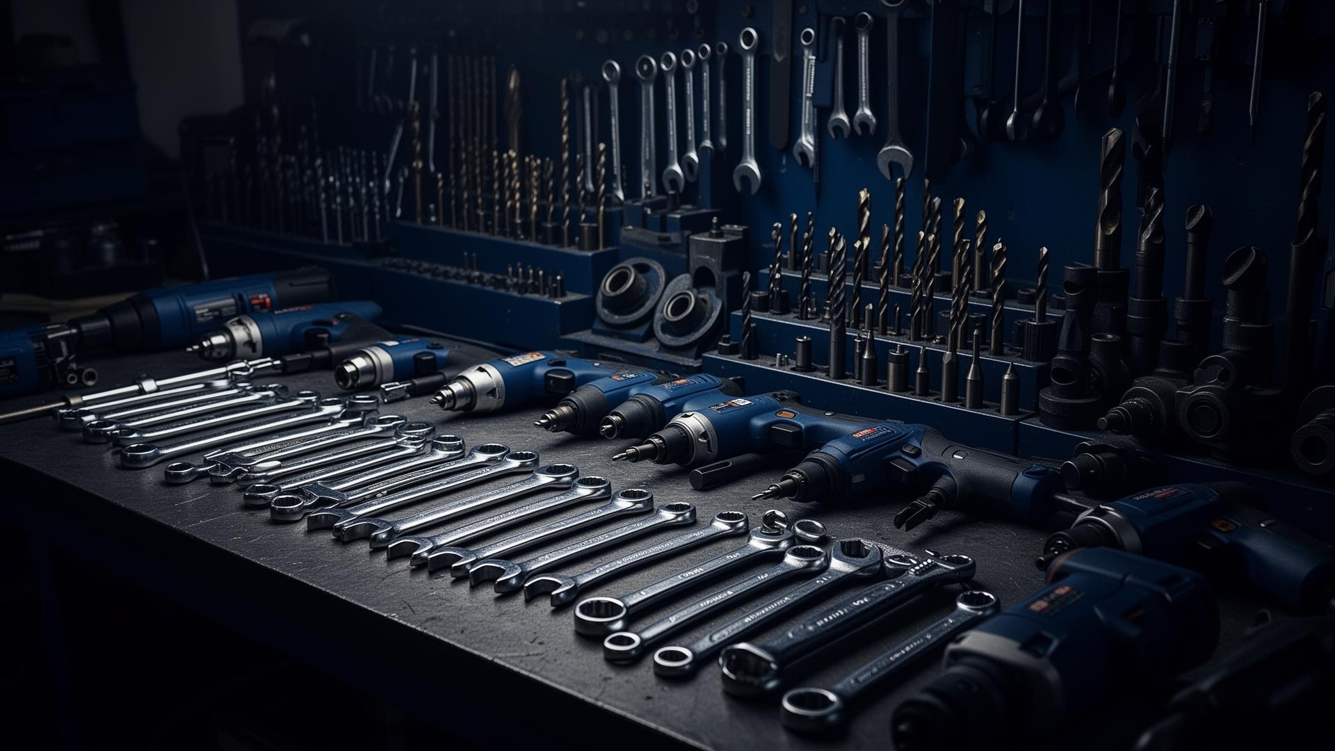 Industrial tools and hardware on a workbench
